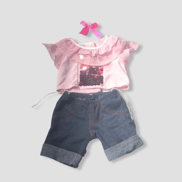Build-A-Bear Set Ruffle Sleeve Top Sequin Embellishment Bedazzled Jeans Pink OS - Picture 1 of 6